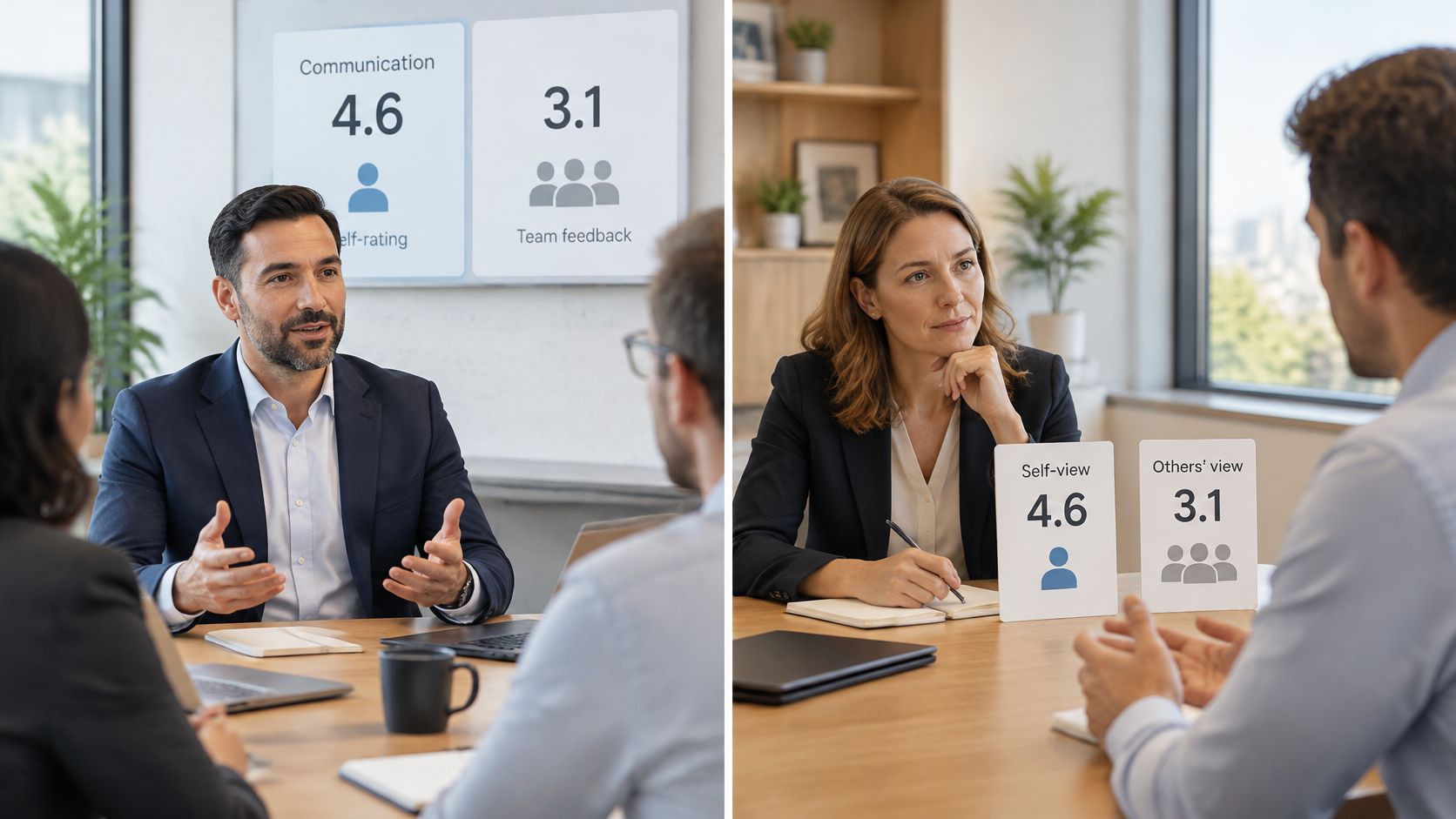 A split-screen image showing professional colleagues in a meeting with performance evaluation scores displayed digitally.