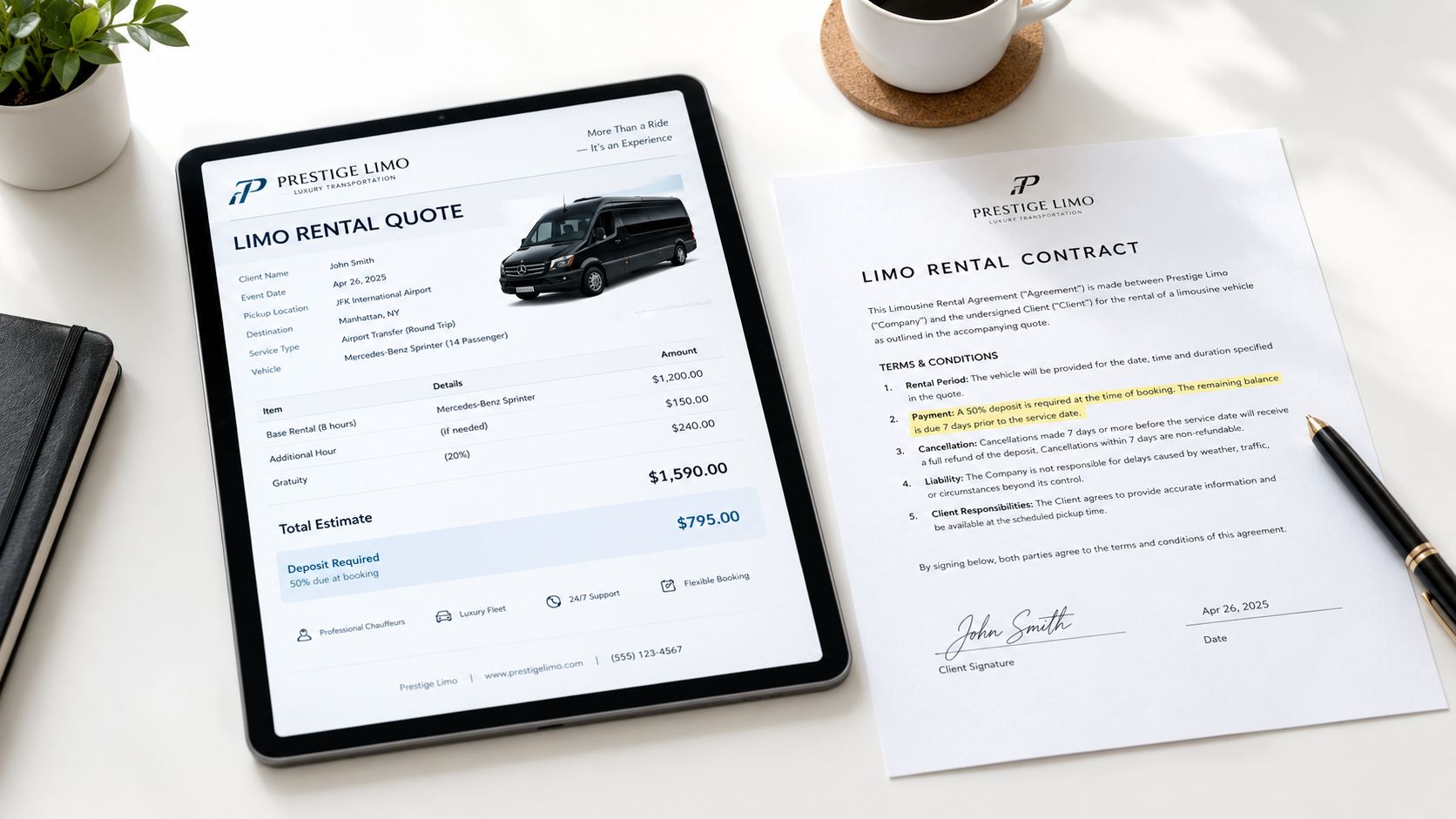 A digital tablet and a paper contract for a luxury limousine rental service in New York City.