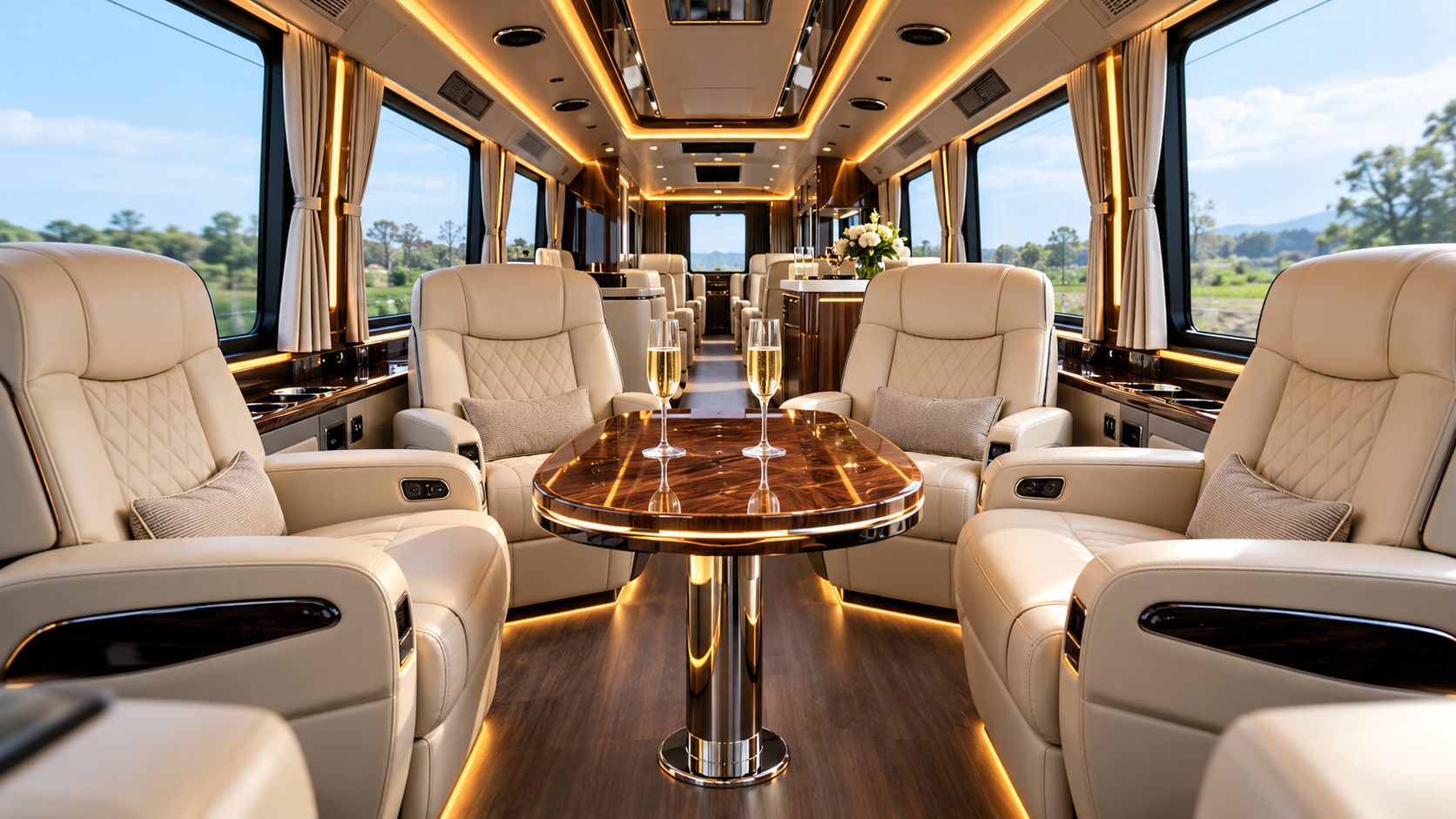 A luxurious interior of a bus featuring plush beige leather seats and a polished wood table.