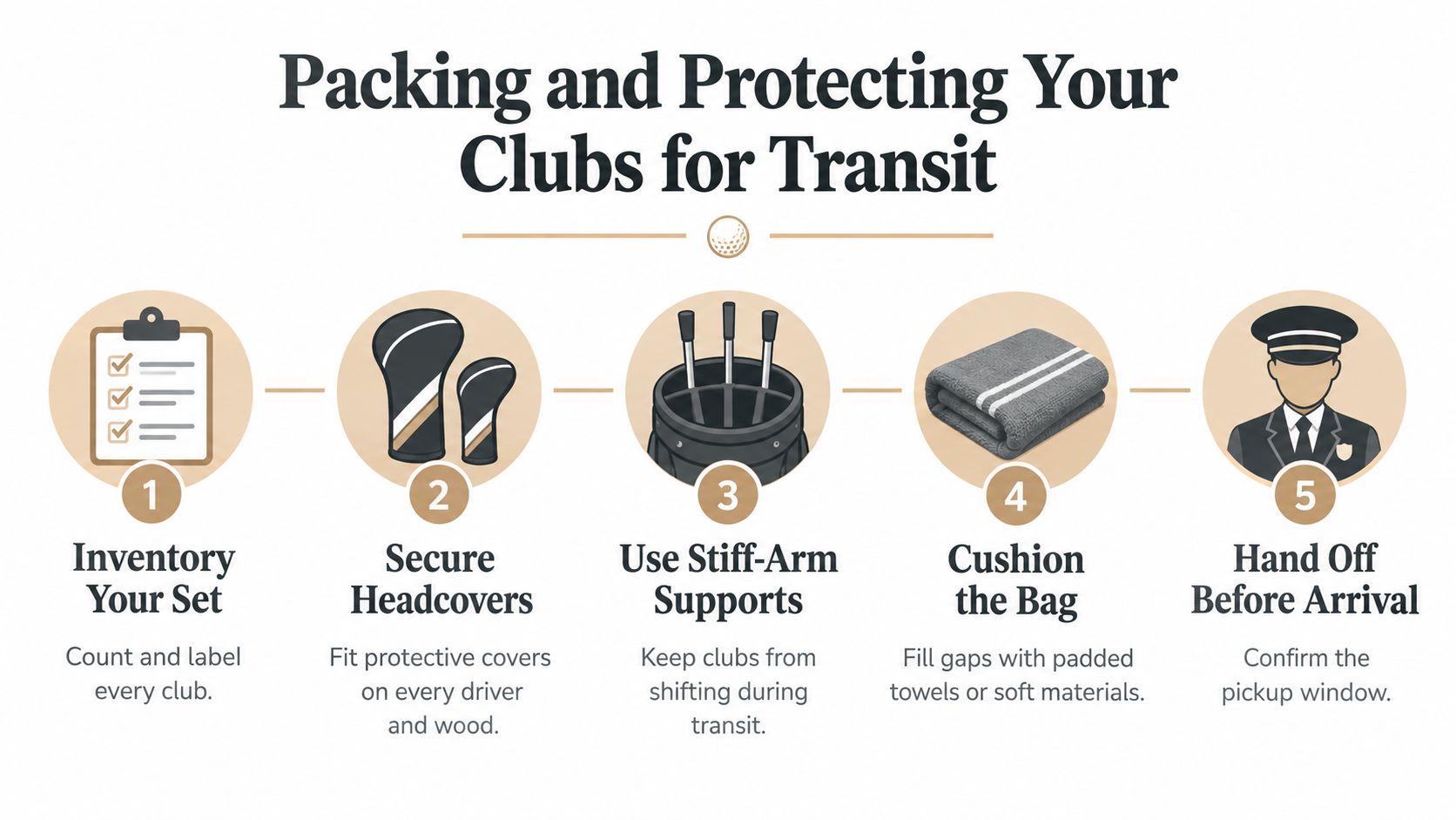A five-step guide on how to pack and protect golf clubs for safe transit and shipping.