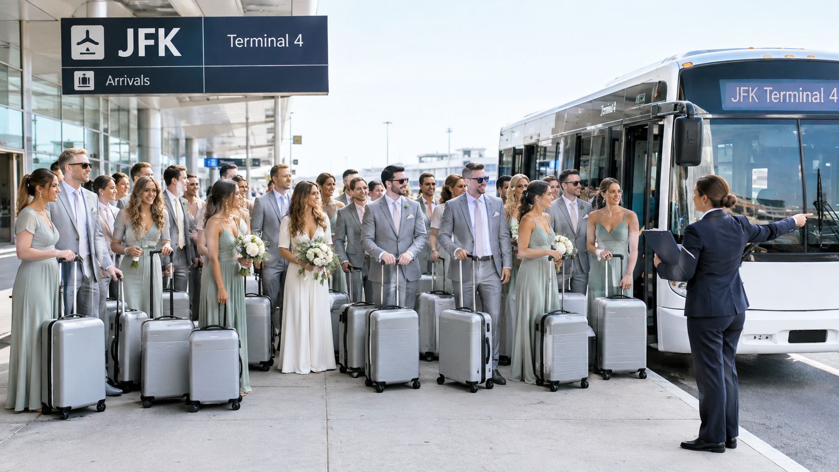 A large wedding party stands with luggage by a terminal bus while a staff member gestures directions.