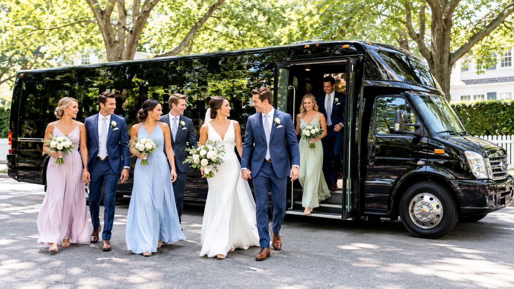 A happy bridal party walks away from a black limousine bus on a sunny outdoor day.