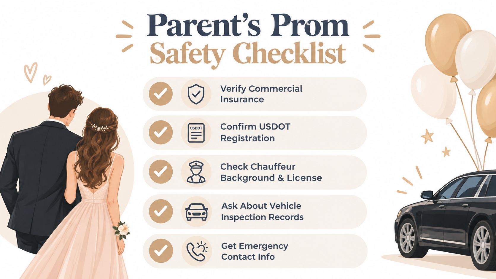 A Parent's Prom Safety Checklist infographic featuring five essential tips for hiring a safe limousine service.