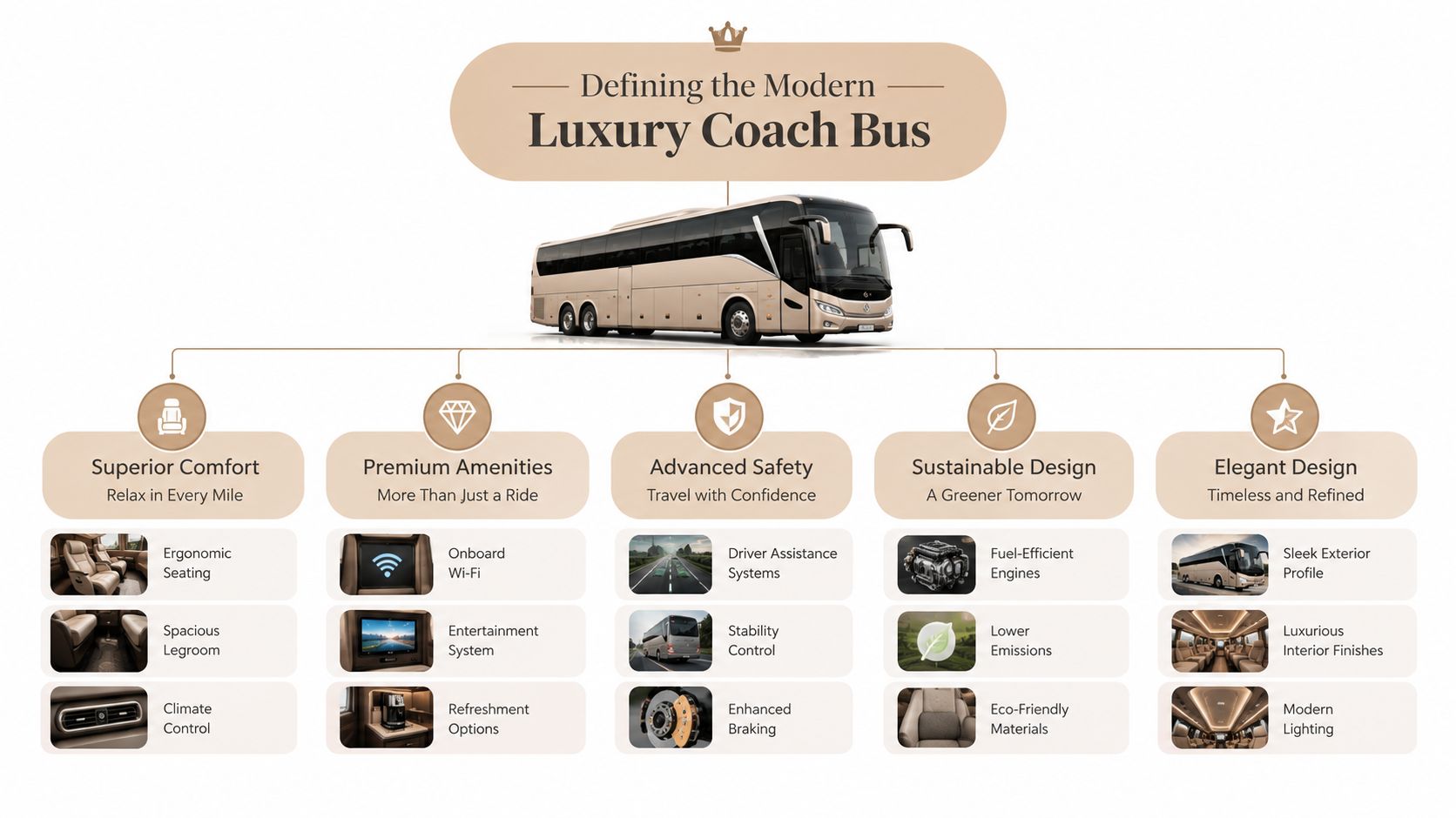 An infographic detailing the features of a modern luxury coach bus including comfort, safety, and sustainability.