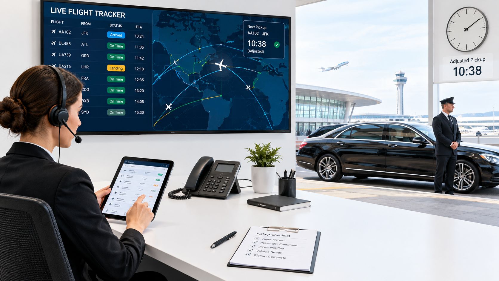 A professional dispatcher using a tablet to coordinate airport limousine services while a driver waits outside.