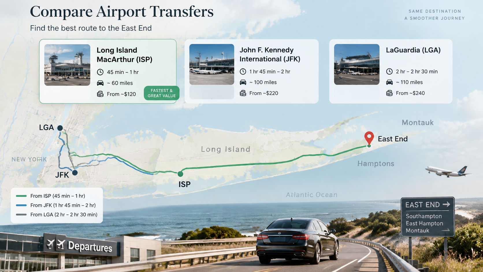 A comparison infographic showing travel times, distances, and prices from ISP, JFK, and LGA airports to the East End.