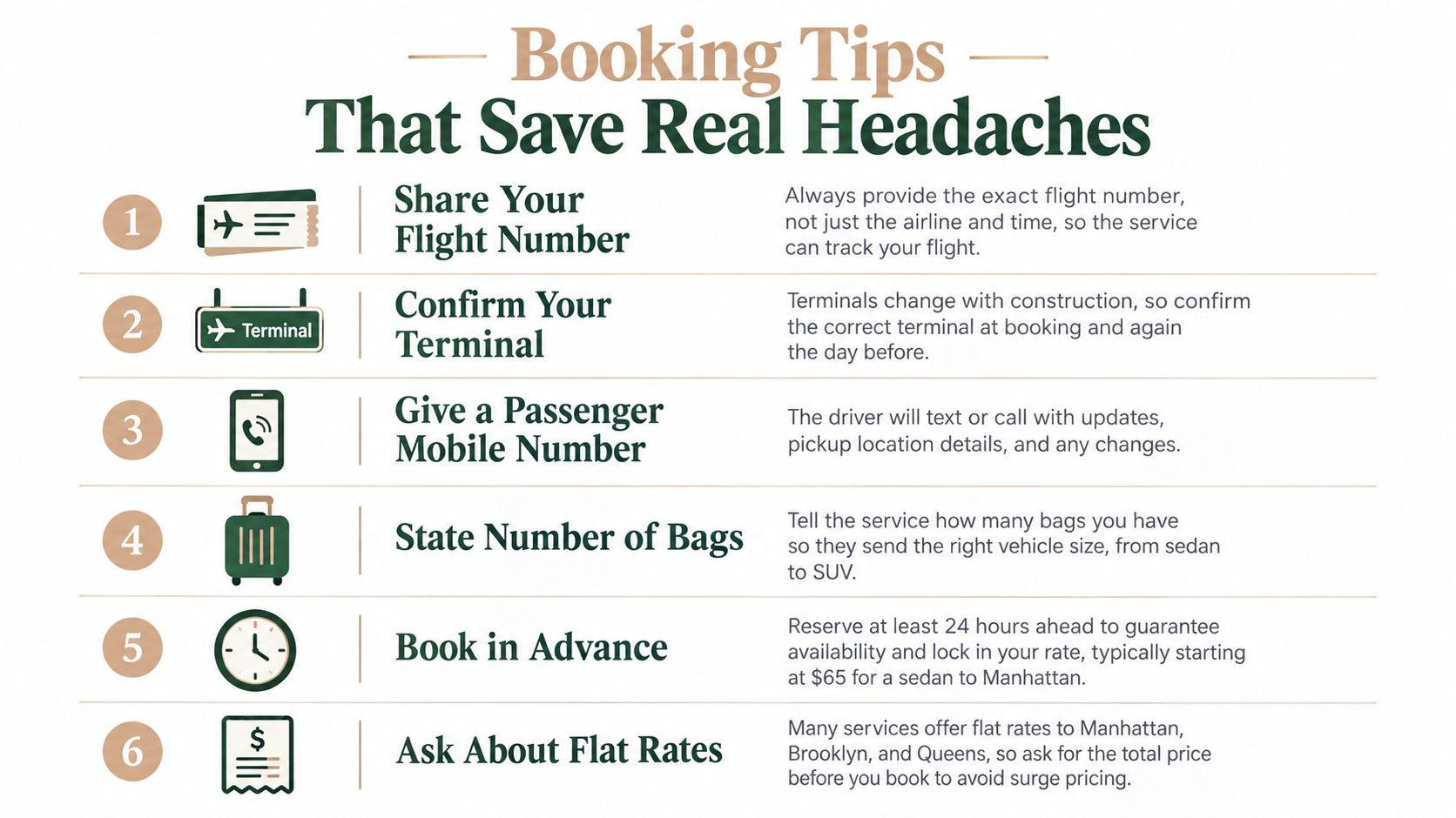 An infographic titled Booking Tips That Save Real Headaches offering six practical tips for booking airport transportation services.