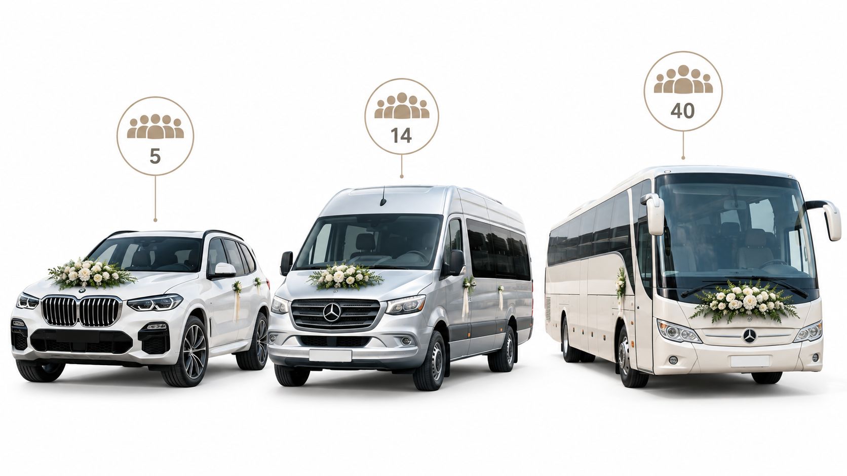 A line of three wedding vehicles including a white SUV, a silver passenger van, and a large coach bus.
