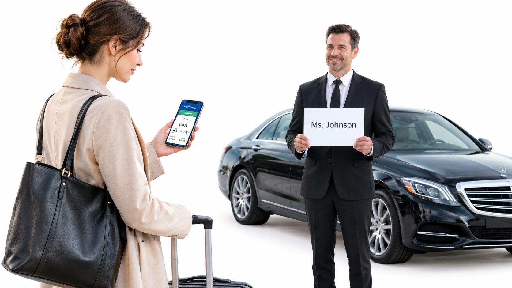 A professional chauffeur holding a sign for Ms. Johnson waits next to his car for a passenger.