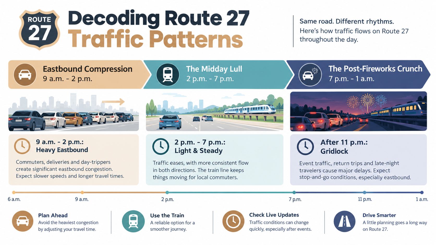 An infographic titled Decoding Route 27 Traffic Patterns showing traffic flow and timing throughout the day.
