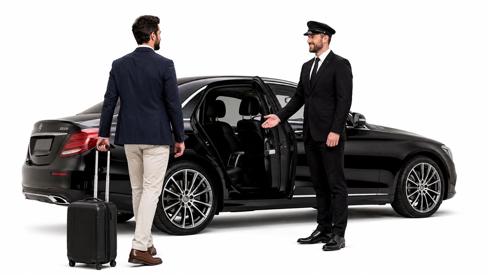 A professional chauffeur opens the car door for a passenger carrying luggage for airport transfer service.