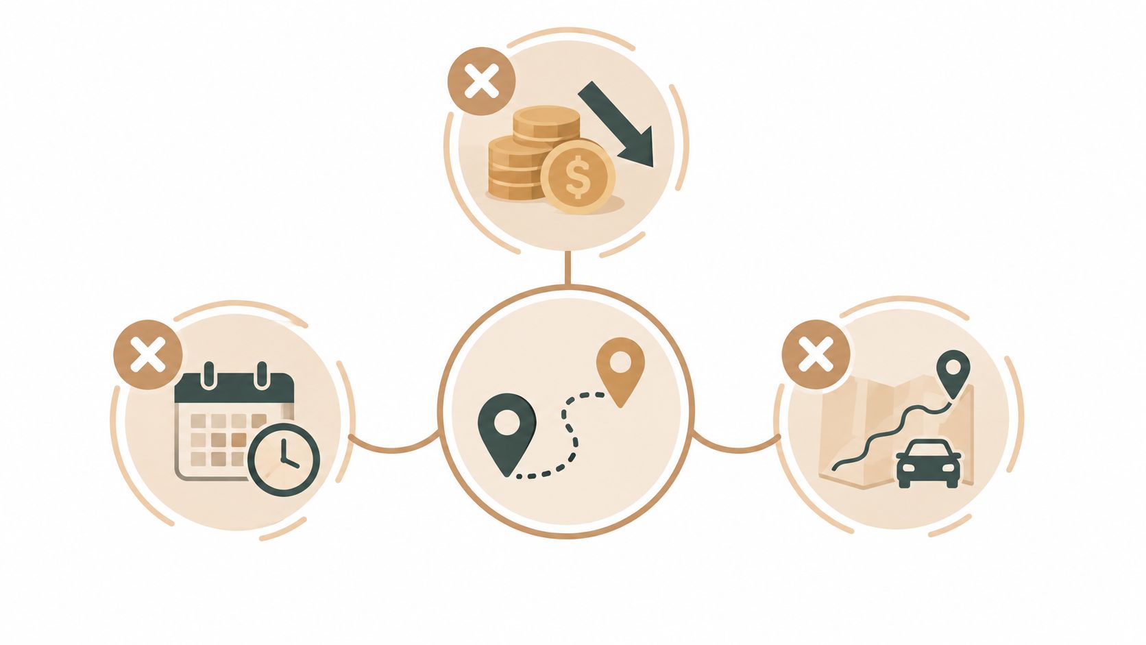 A diagram with a central location icon connected to three circled icons, each marked with an X symbol.