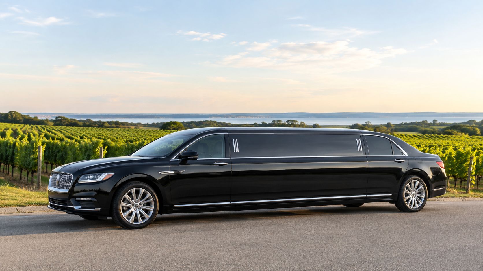 A black Lincoln limousine parked on a paved road next to a scenic vineyard during sunset.