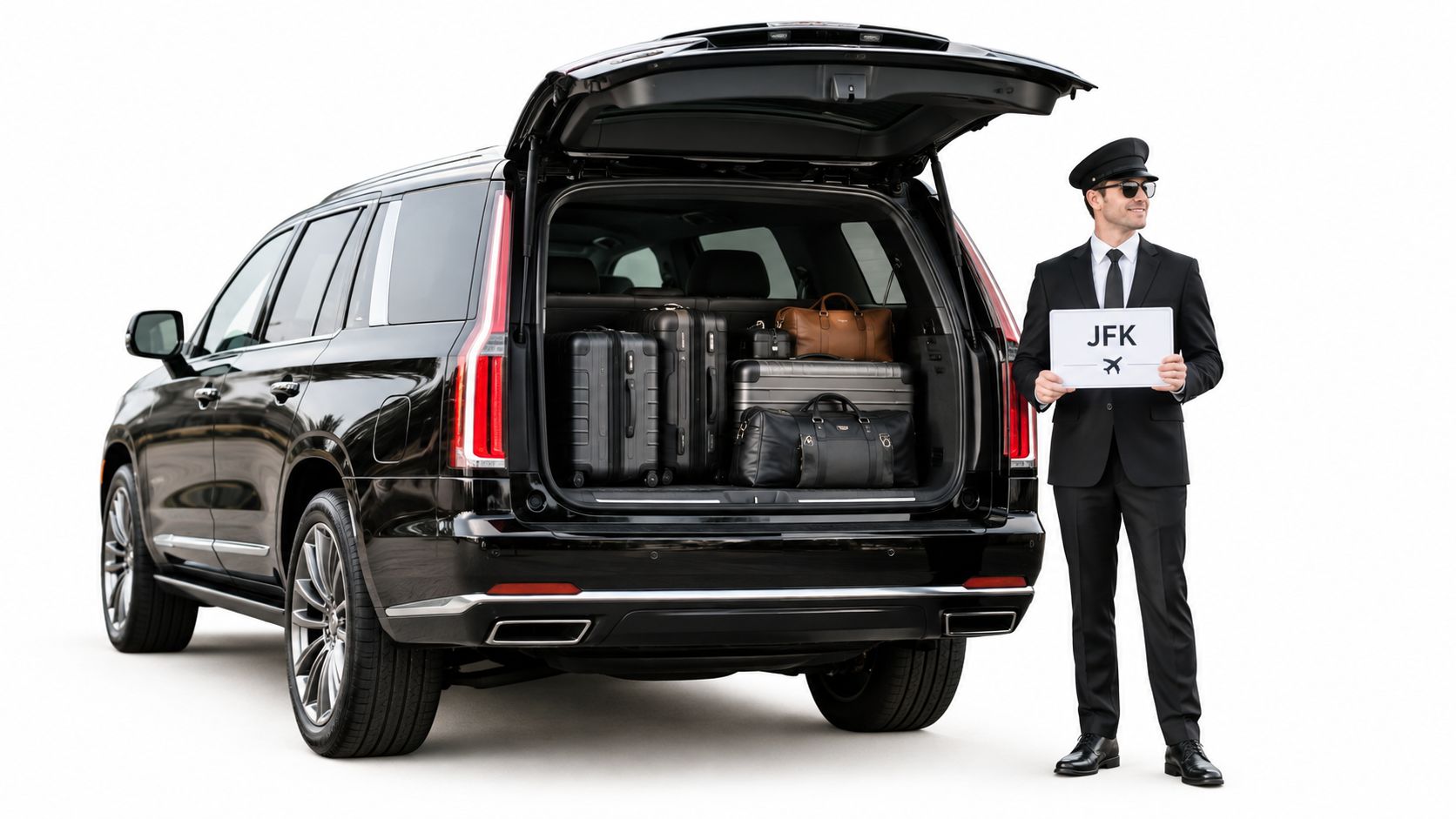 A professional chauffeur in a black suit standing next to a luxury SUV with luggage for airport transfers.