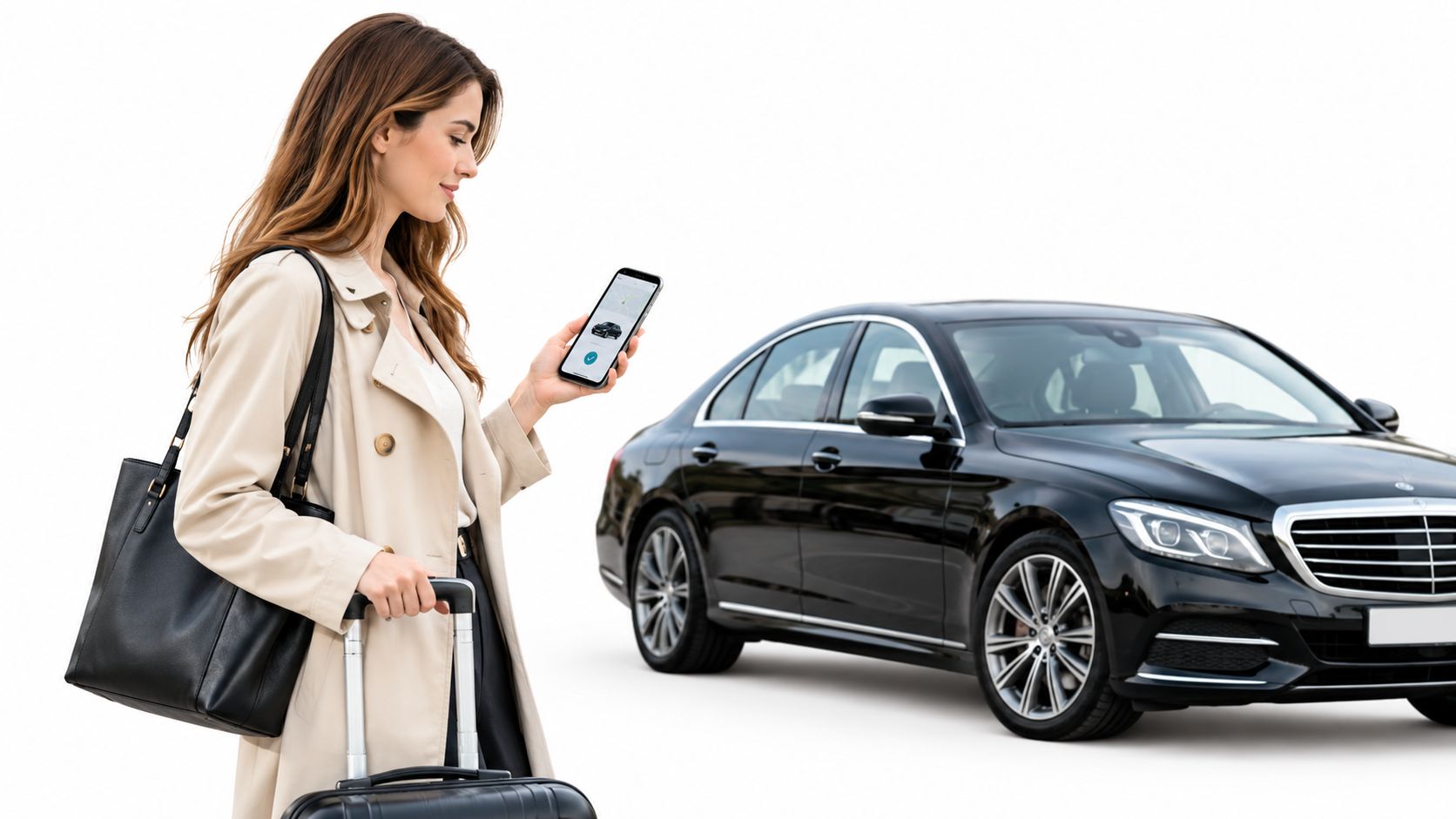 A woman with luggage using a mobile app to book a luxury chauffeur service near a car.