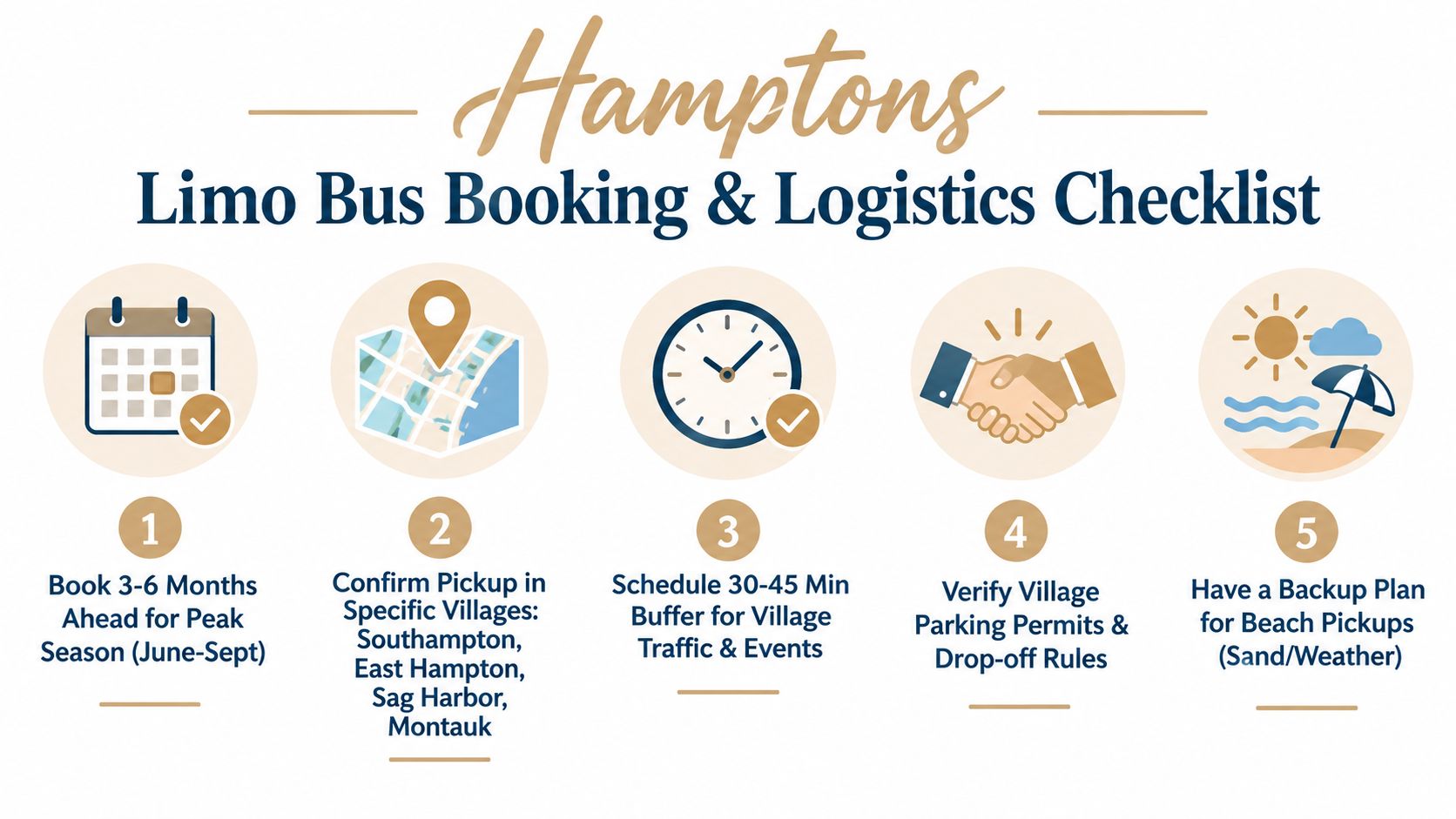 A 5-step checklist infographic for booking a limo bus for events in the Hamptons during peak season.