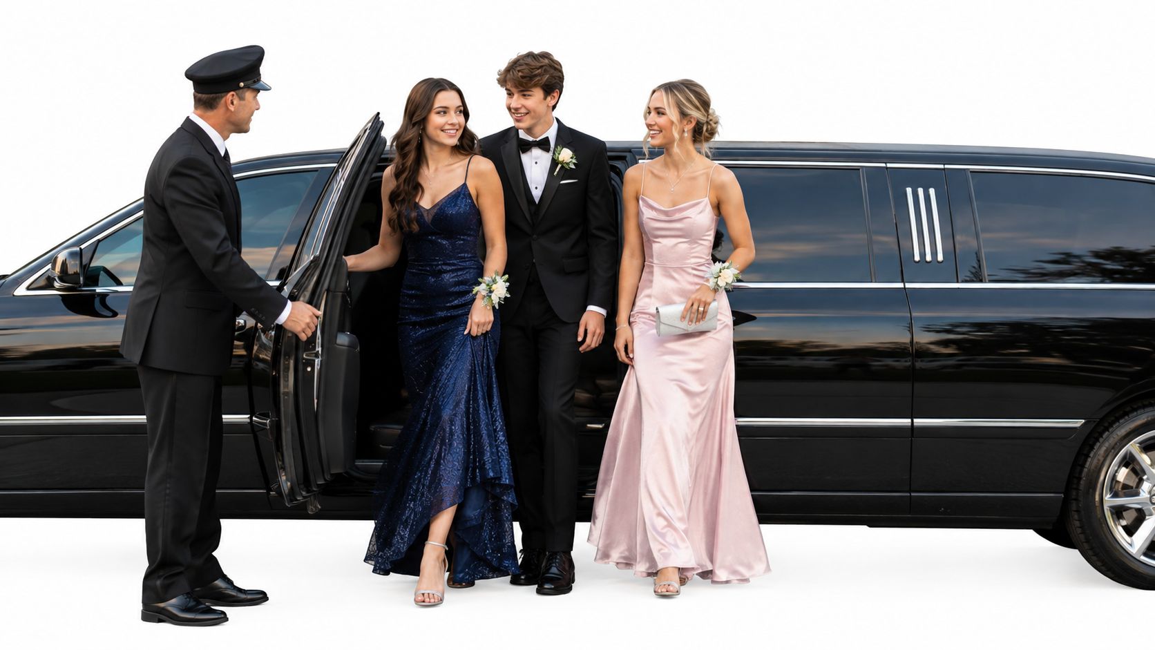 A professional chauffeur opens the door of a black limousine for a teenage couple dressed for prom.
