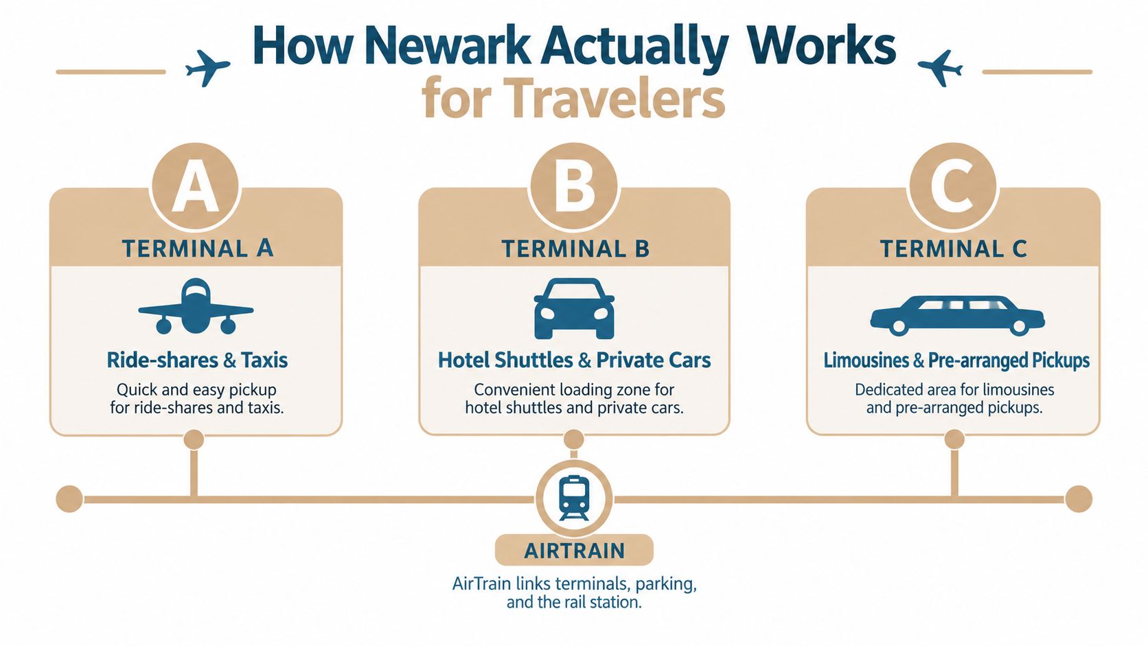 An infographic showing Newark Airport terminal transportation options including ride-shares, hotel shuttles, limousines, and the AirTrain system.