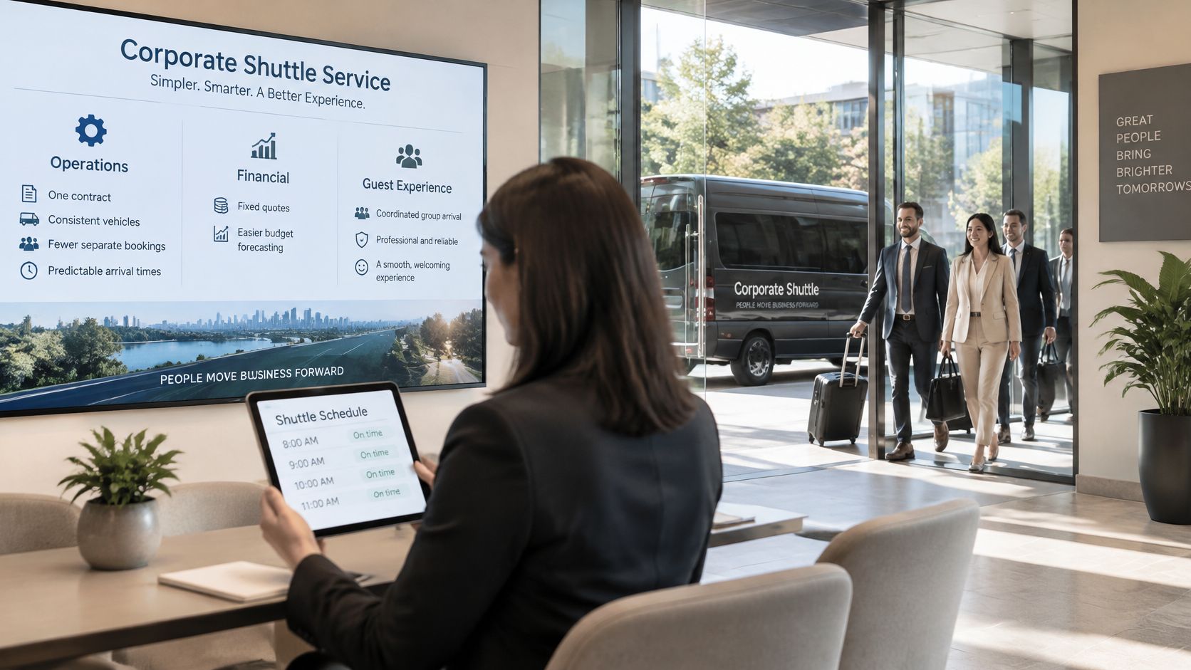 A professional in an office lobby reviewing a digital shuttle schedule while employees arrive by corporate van.