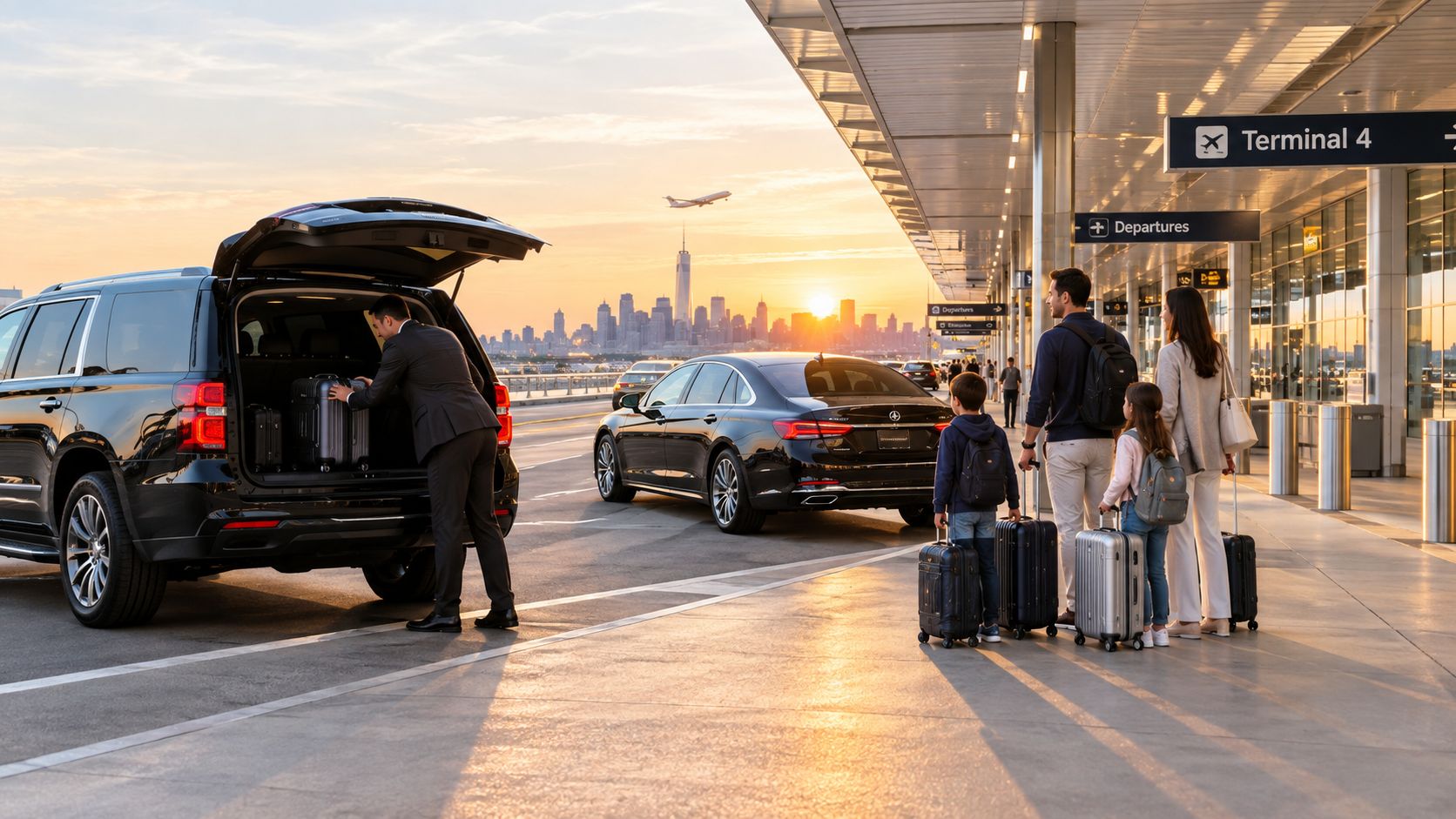 A professional chauffeur loading luggage into an SUV for a family arriving at a New York airport terminal.