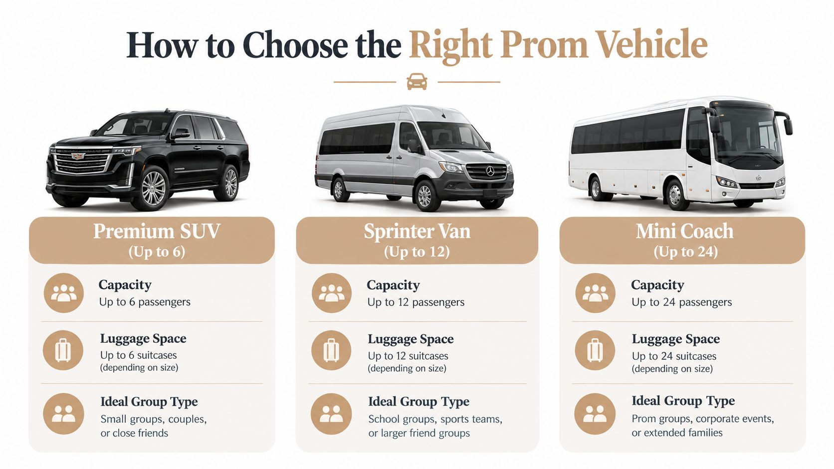 A comparison chart showing three types of prom vehicles: a Premium SUV, Sprinter Van, and Mini Coach.