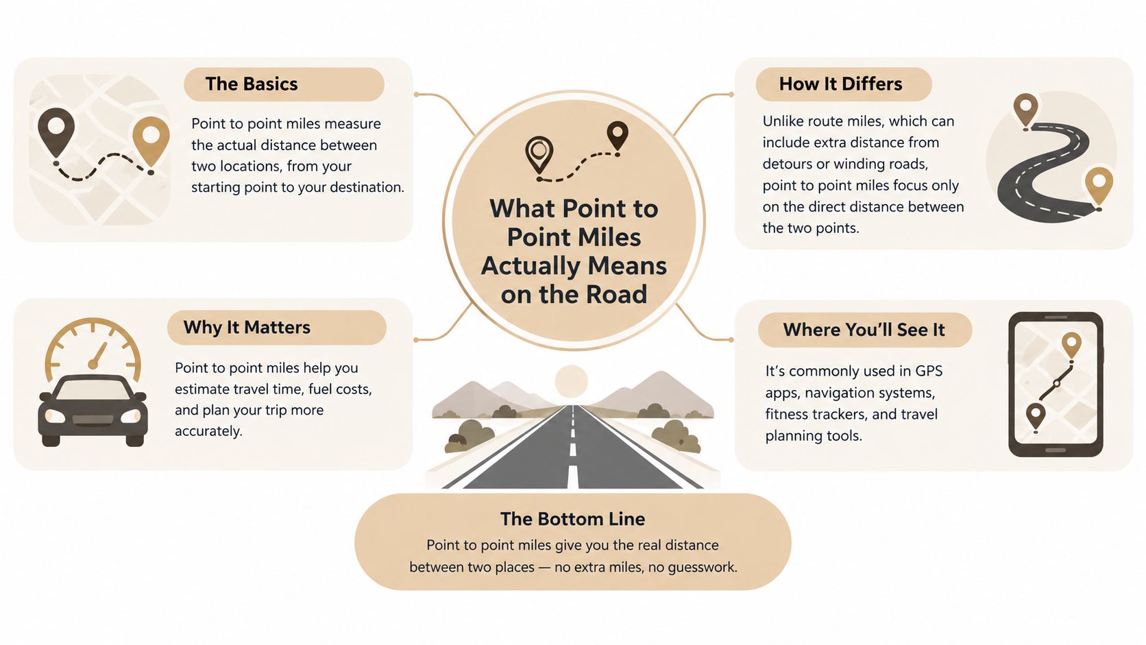 An infographic explaining point to point miles, covering definition, differences, importance, and common usage examples.