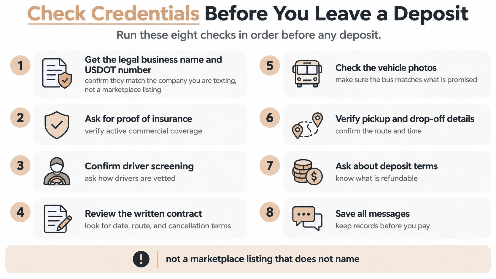 A checklist infographic outlining eight essential steps to verify bus rental companies before paying a deposit.