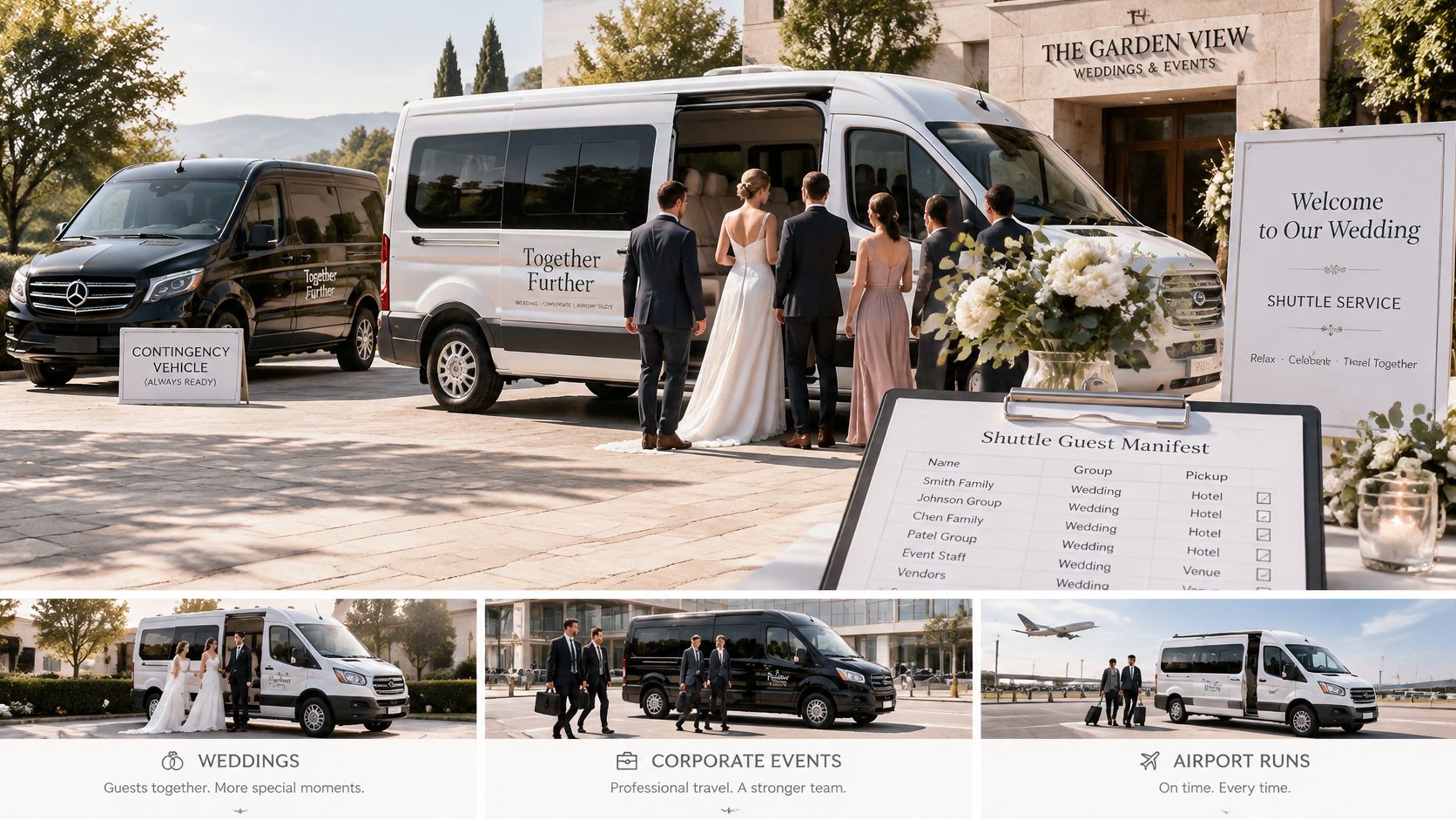 A professional shuttle service providing group transportation for weddings, corporate events, and airport runs using luxury vans.