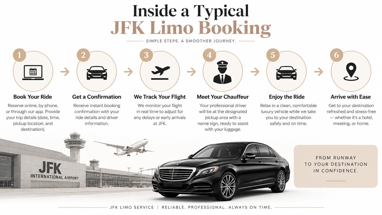 A six-step infographic explaining the JFK limo booking process from reservation to arrival at your destination.