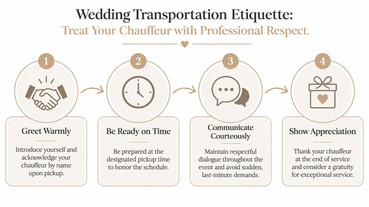 An infographic titled Wedding Transportation Etiquette with four numbered steps on how to treat your chauffeur.