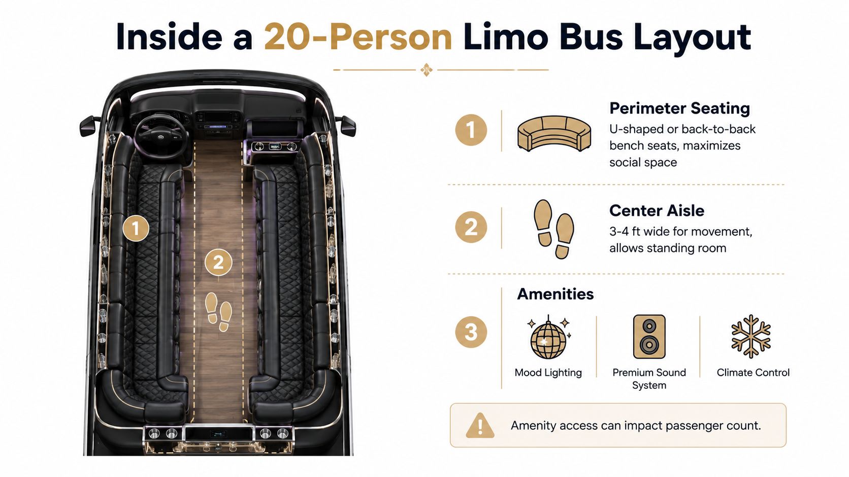 A diagram illustrating the interior floor plan layout of a spacious 20-person luxury limo bus.