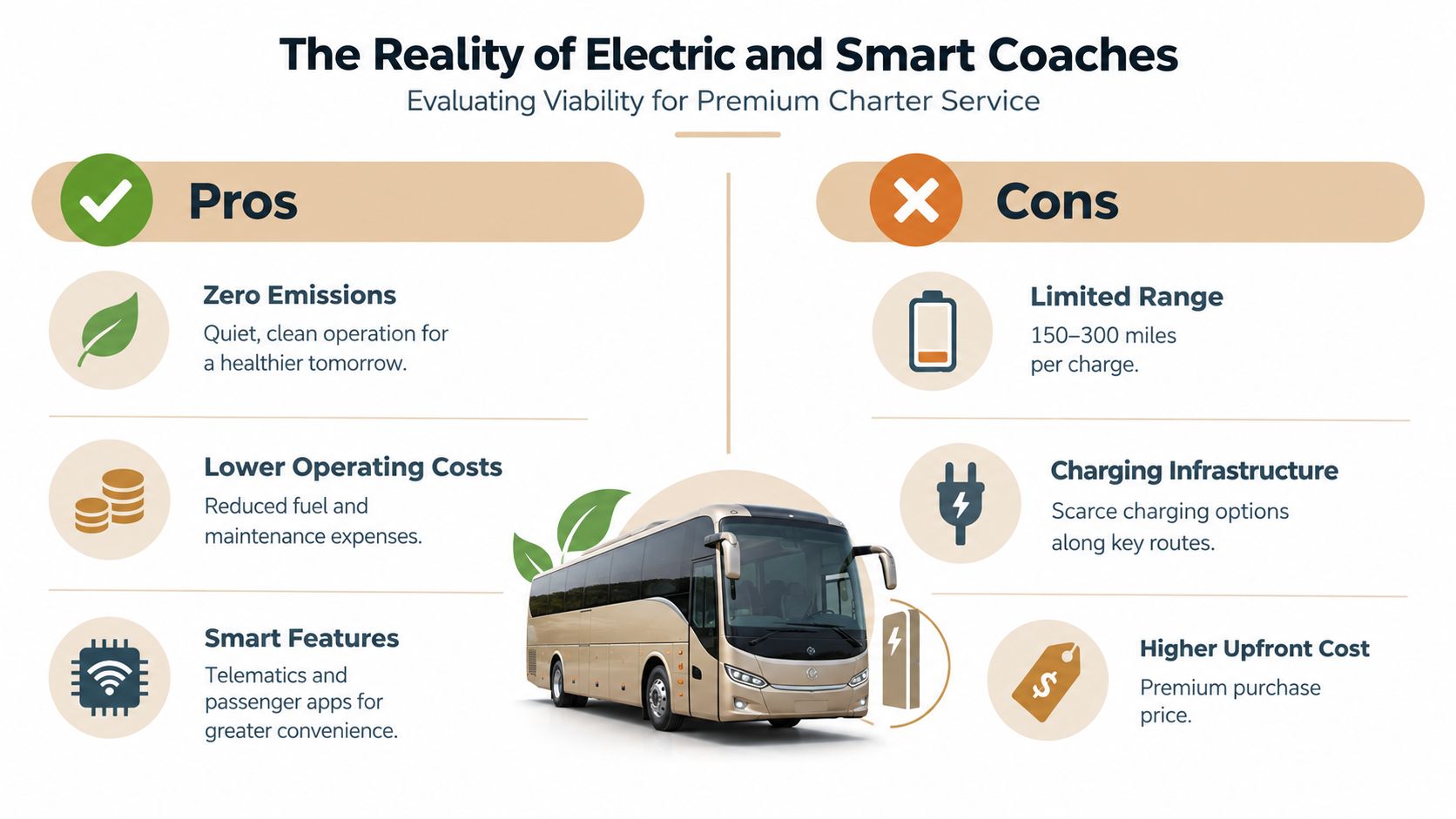 An infographic comparing the pros and cons of electric luxury coach buses for premium charter services.