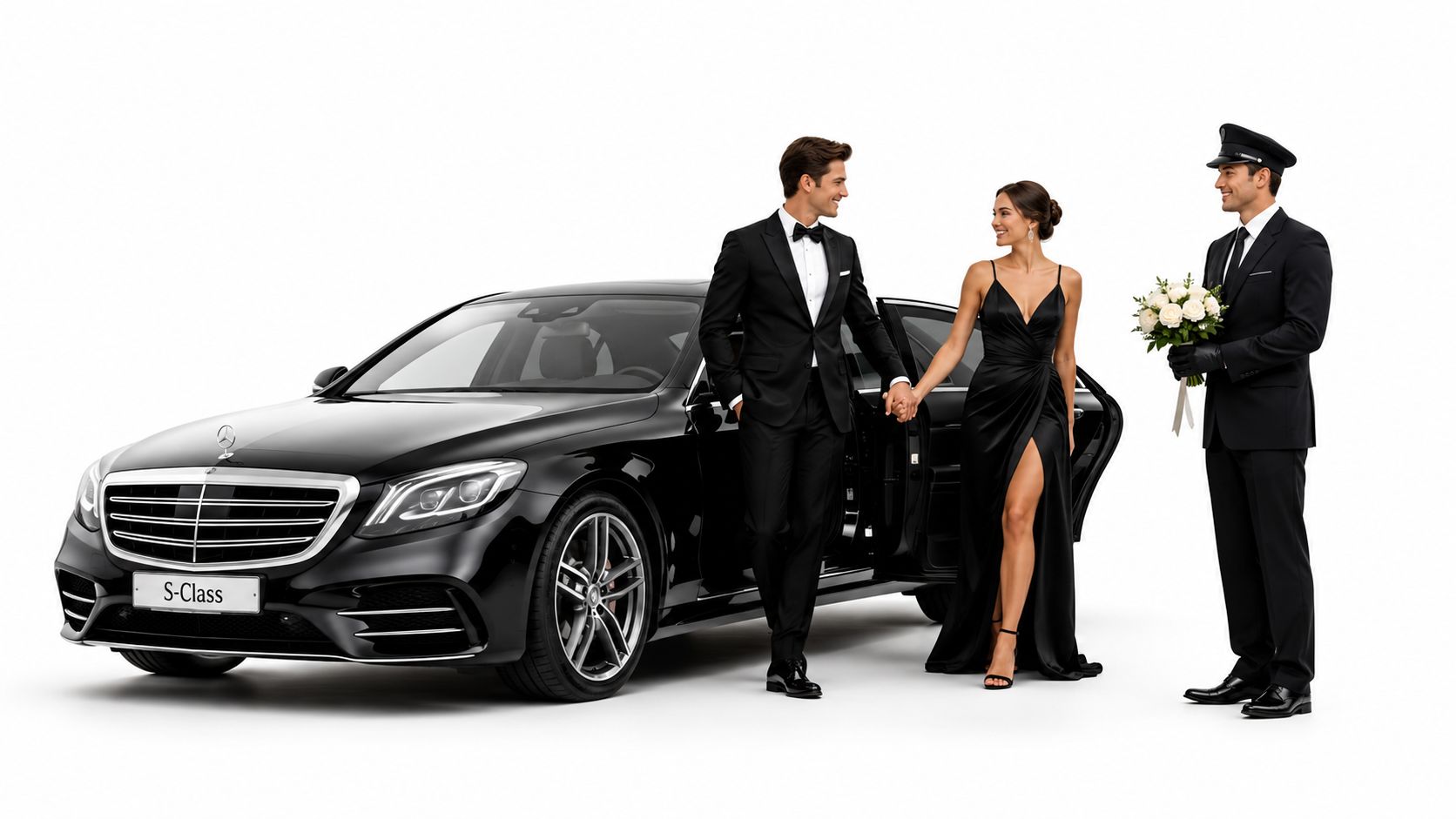 A couple in formal evening attire exiting a luxury Mercedes S-Class sedan while greeted by a chauffeur.