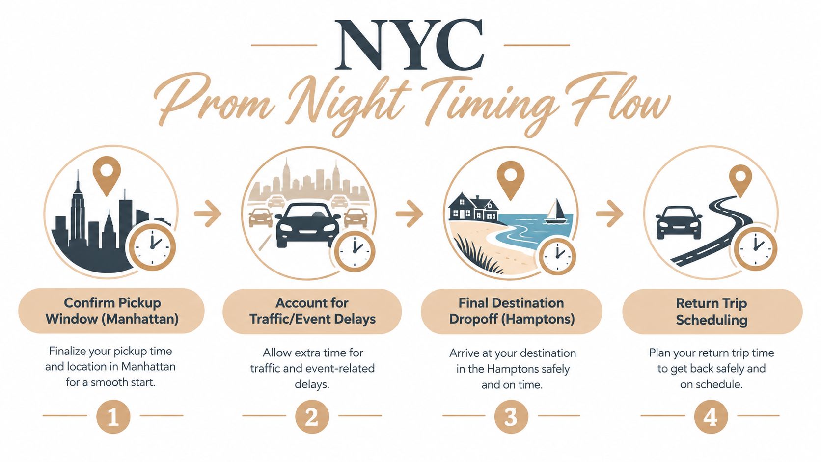An infographic detailing the four-step planning process for organizing prom night transportation from Manhattan to the Hamptons.