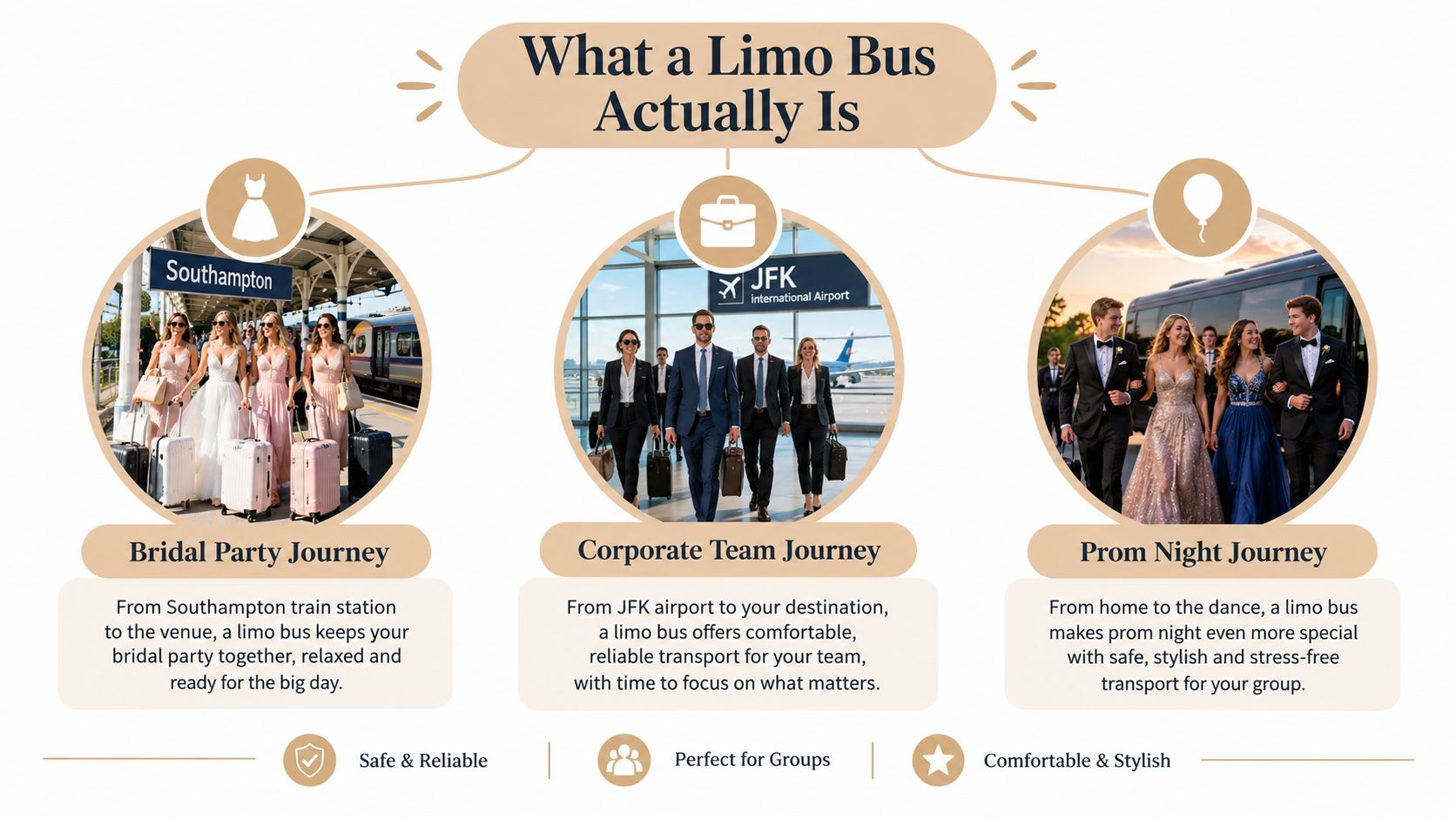 An infographic illustrating various uses of a limo bus including bridal parties, corporate travel, and prom nights.