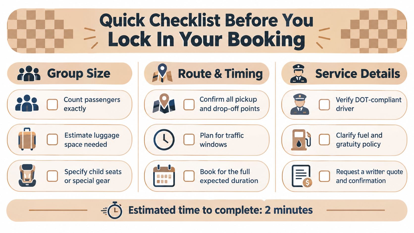 A quick checklist for booking a sprinter van rental with a driver, covering passengers, route, and service details.