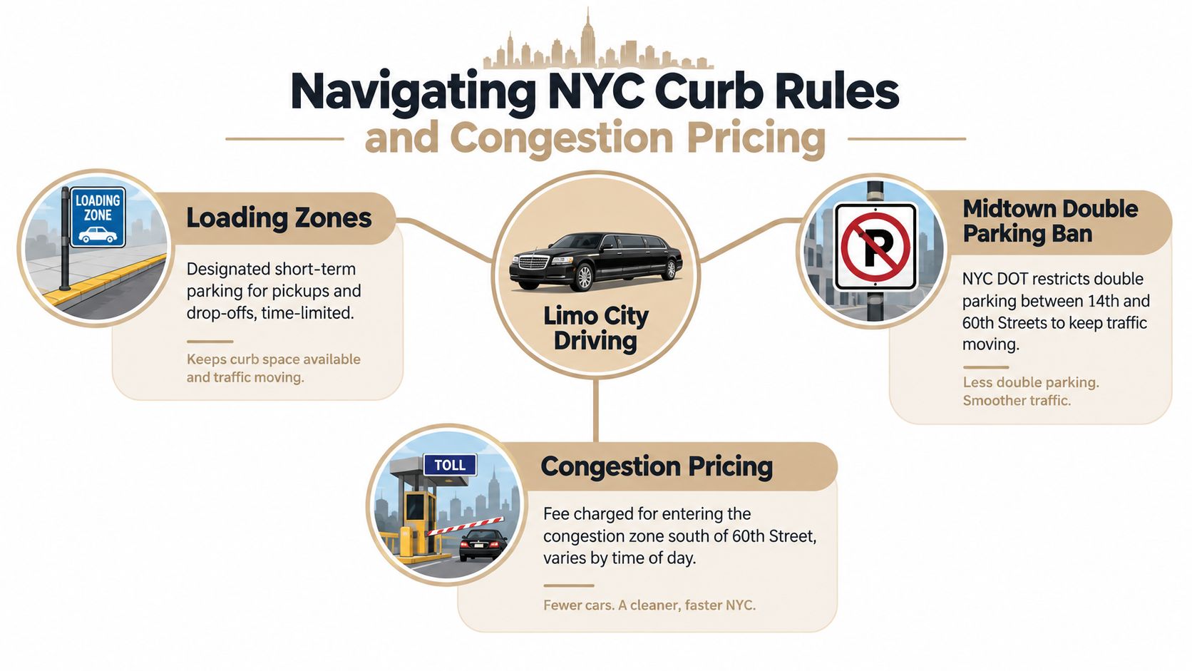 An infographic titled Navigating NYC Curb Rules explaining loading zones, double parking bans, and congestion pricing for limos.