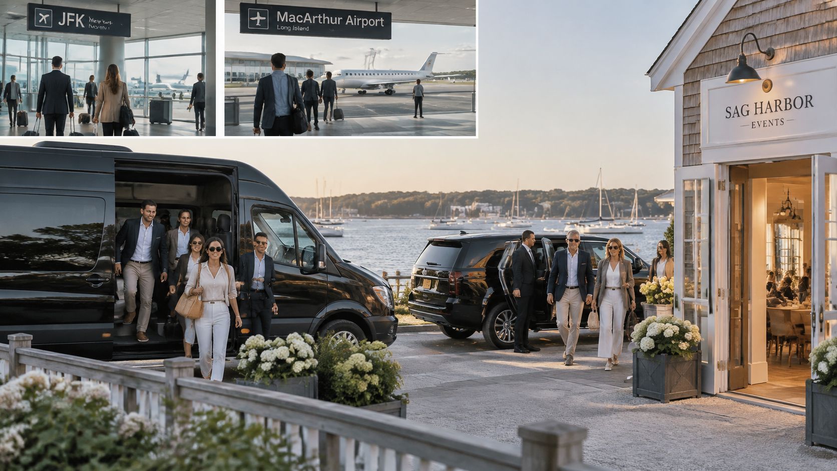 Professionals arriving at a seaside venue for a corporate event by private shuttle and luxury car service.