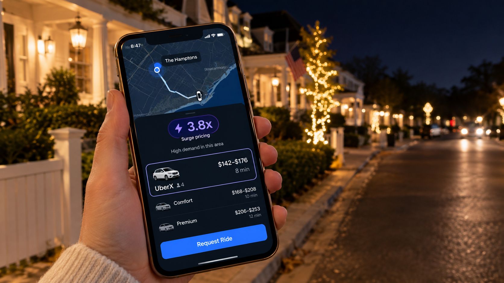 A hand holding a smartphone showing an Uber app interface with 3.8x surge pricing on a suburban street.
