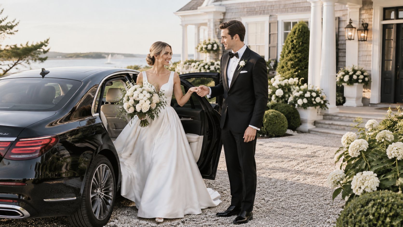 A beautiful bride in a white wedding gown exits a luxury black car as her groom greets her.