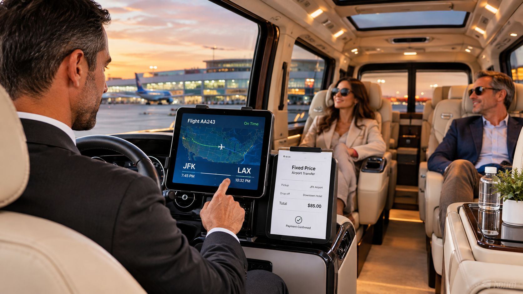 A chauffeur in a luxury van checks flight details on a digital tablet for airport passengers.
