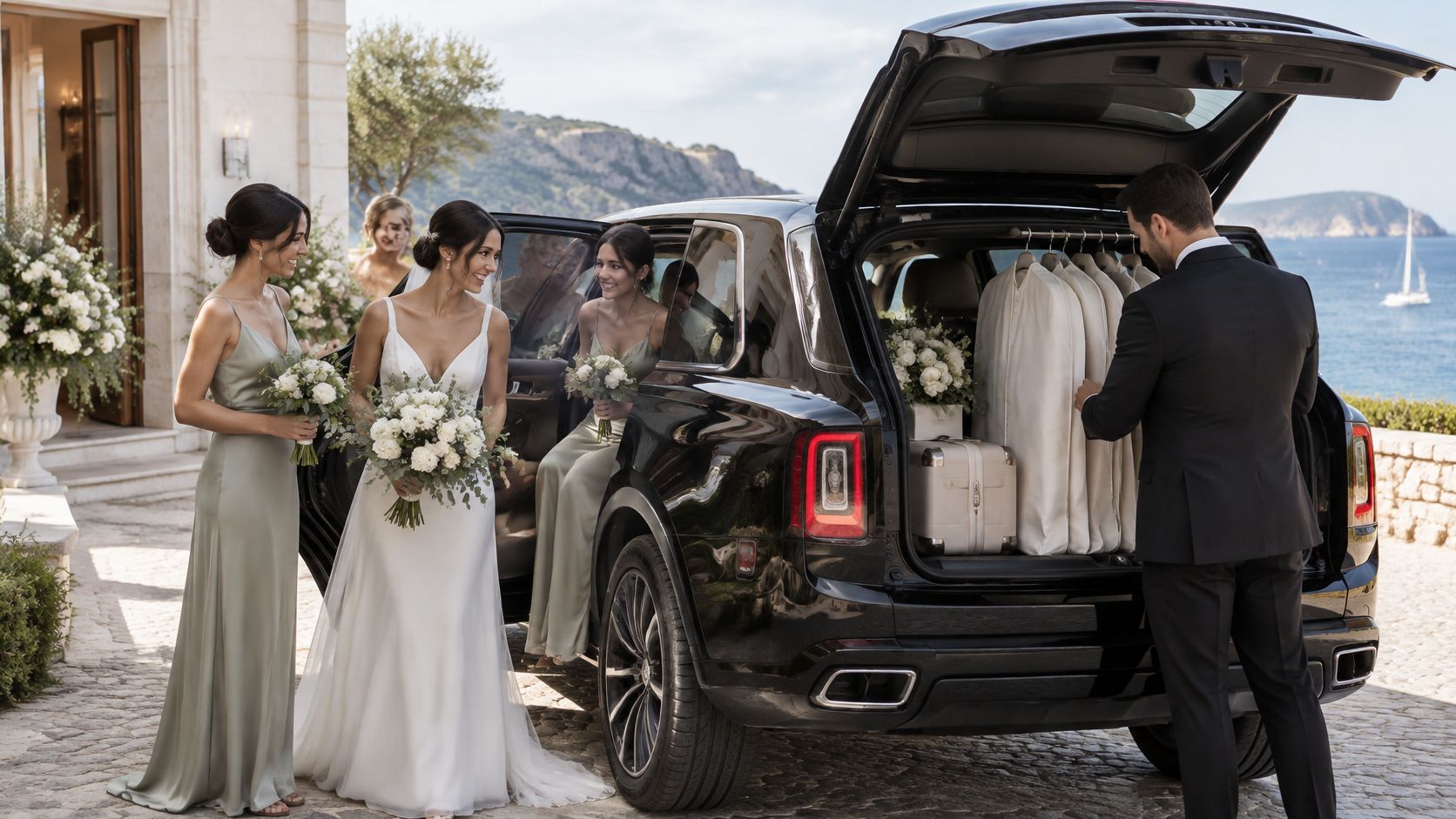 A bride and bridesmaids near a black luxury car with hanging suits in the open trunk.
