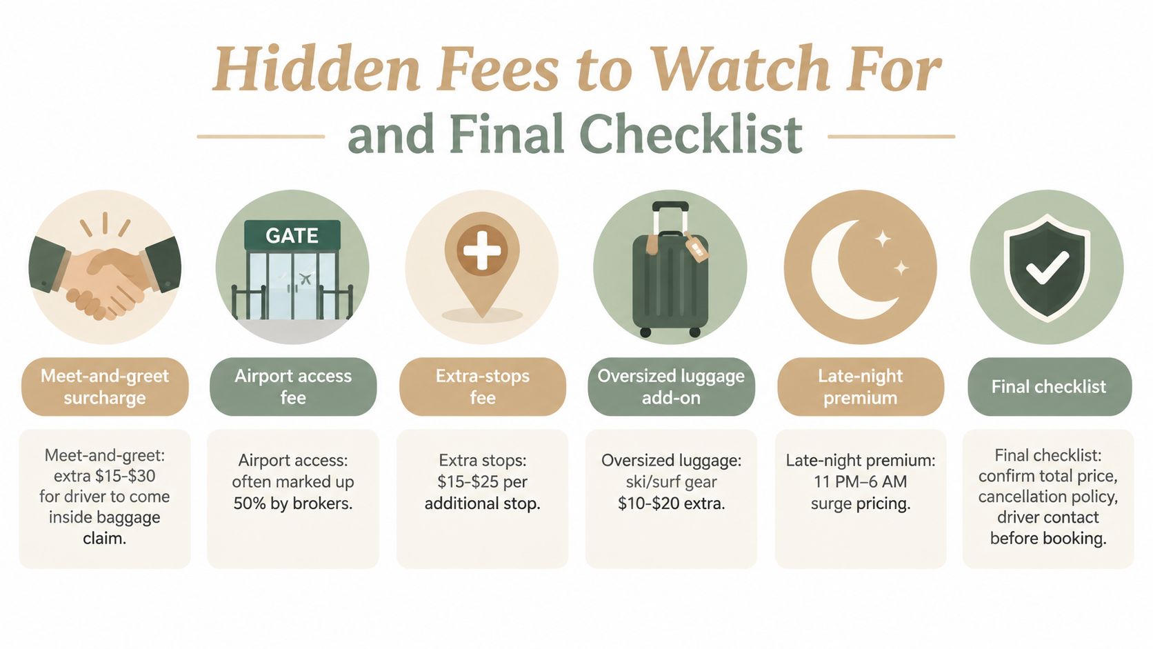 An infographic titled Hidden Fees to Watch For and Final Checklist detailing common airport transportation costs.