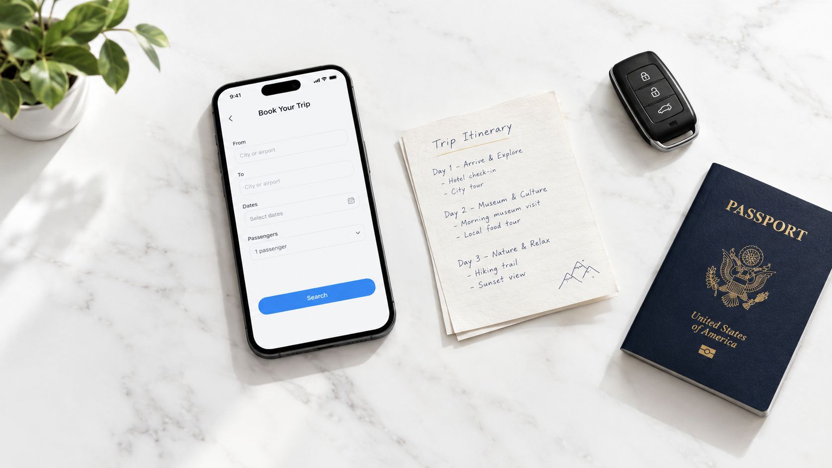 A smartphone, a handwritten itinerary, a car key, and a US passport on a white marble surface.
