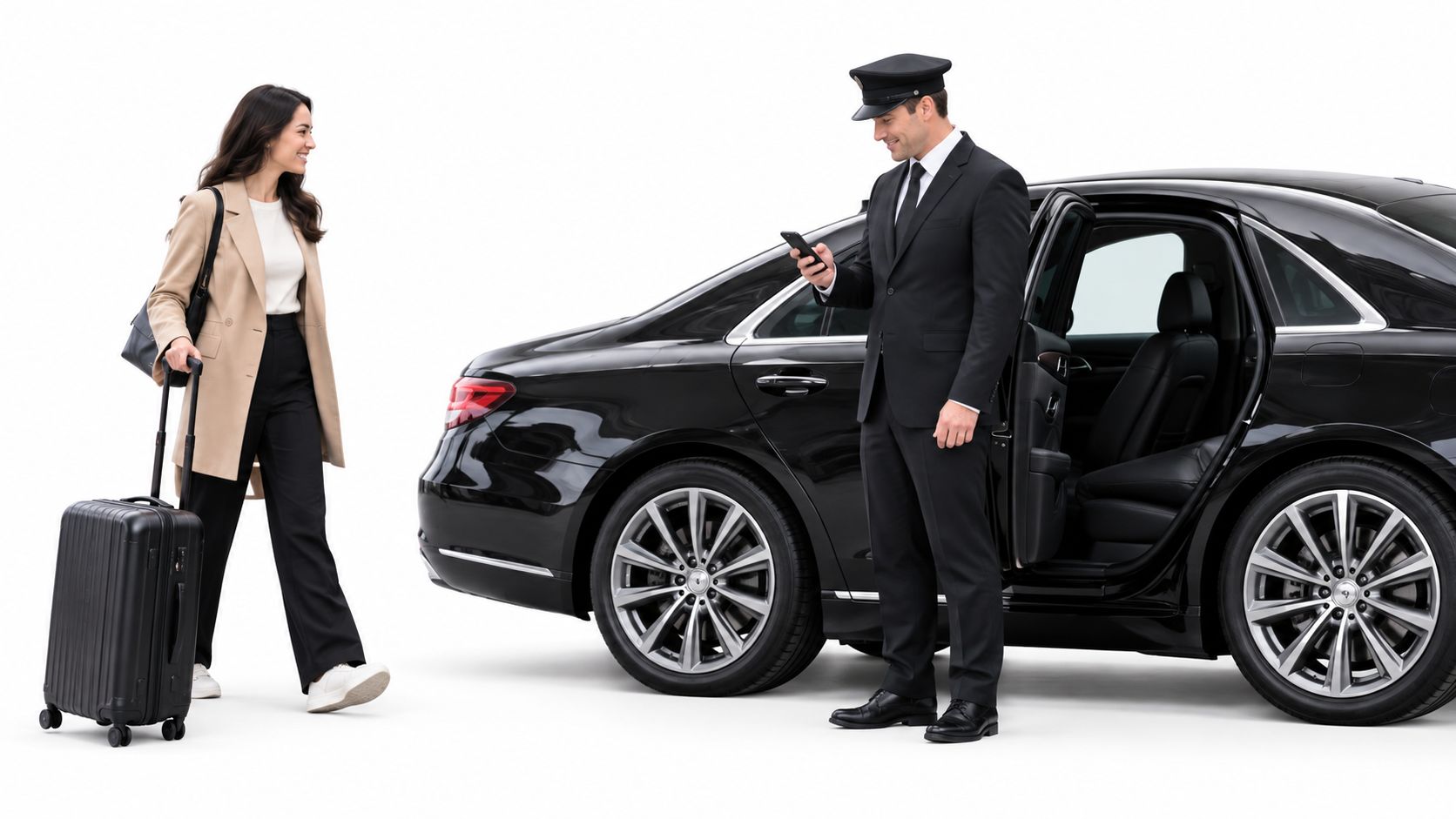 A professional chauffeur checks his phone while a female traveler approaches his luxury black sedan with luggage.