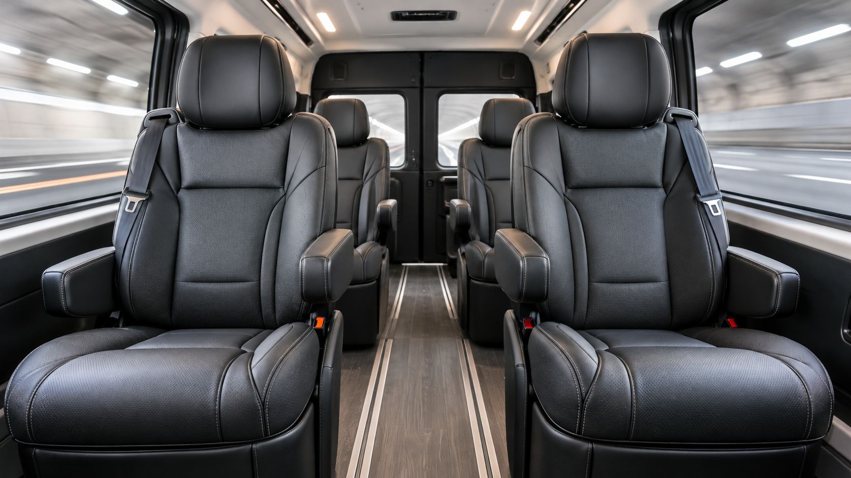 The interior view of a luxury sprinter van showing rows of premium black leather captain's chairs.