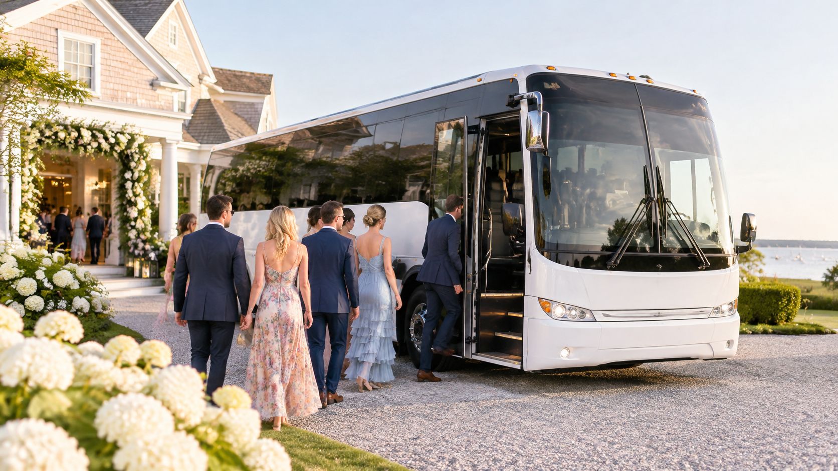 A wedding party dressed in formal attire boarding a luxury coach bus outside a scenic coastal estate.
