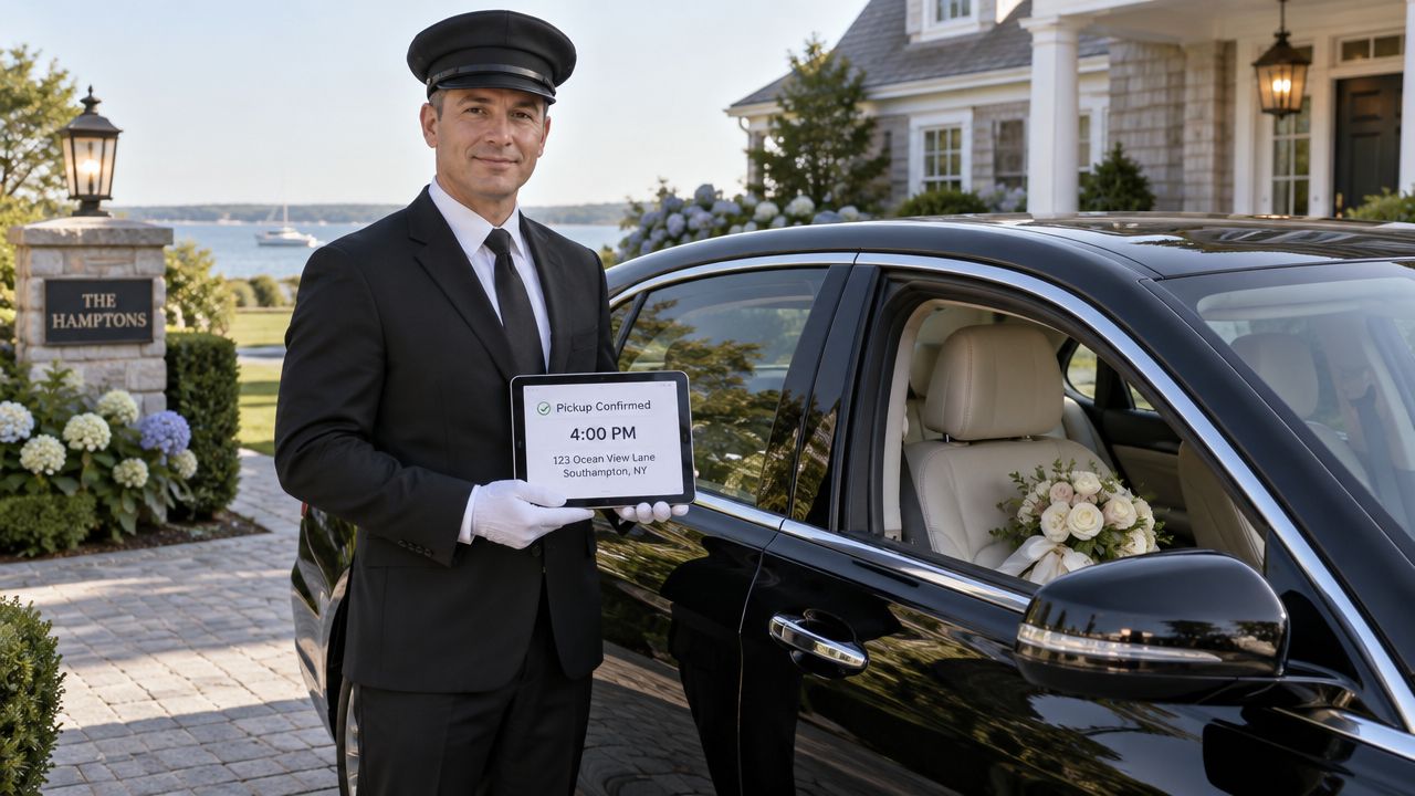 A professional chauffeur in a uniform stands next to a luxury car holding a pickup confirmation tablet.