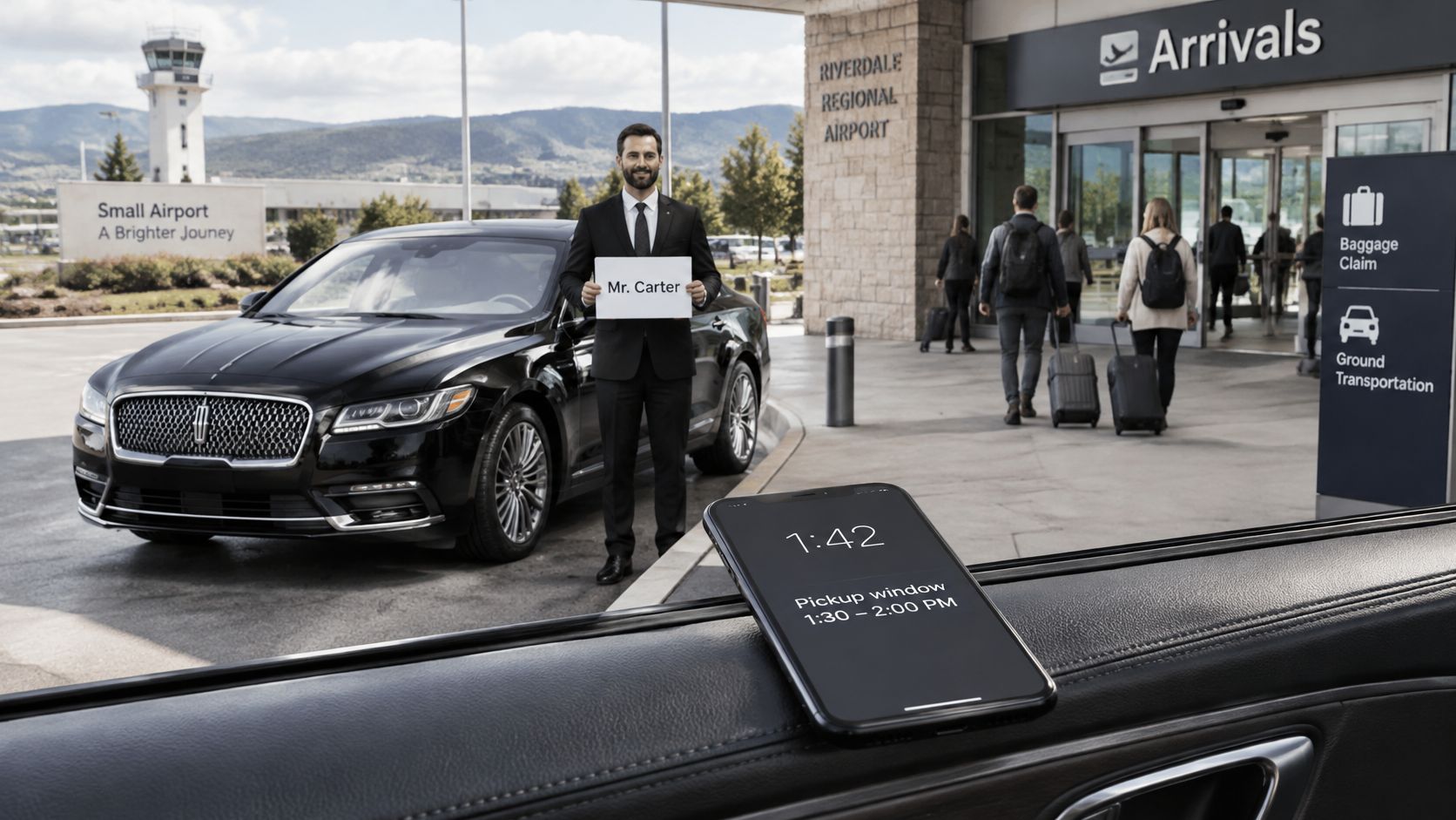A professional chauffeur holding a sign for Mr. Carter at an airport arrivals terminal for car service.