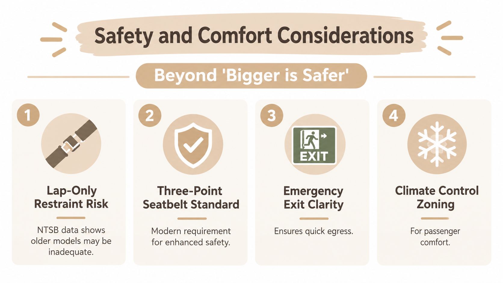An infographic titled Safety and Comfort Considerations listing four key features for passenger vehicles and limousine buses.